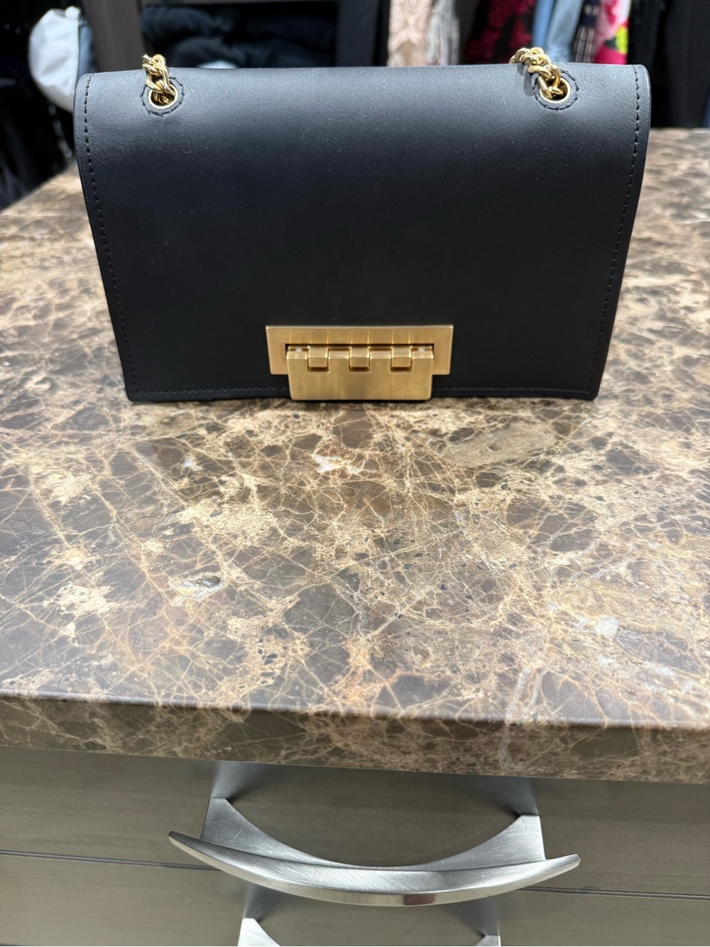 Zac Posen Black Leather Chain Shoulder Bag with Gold Hardware